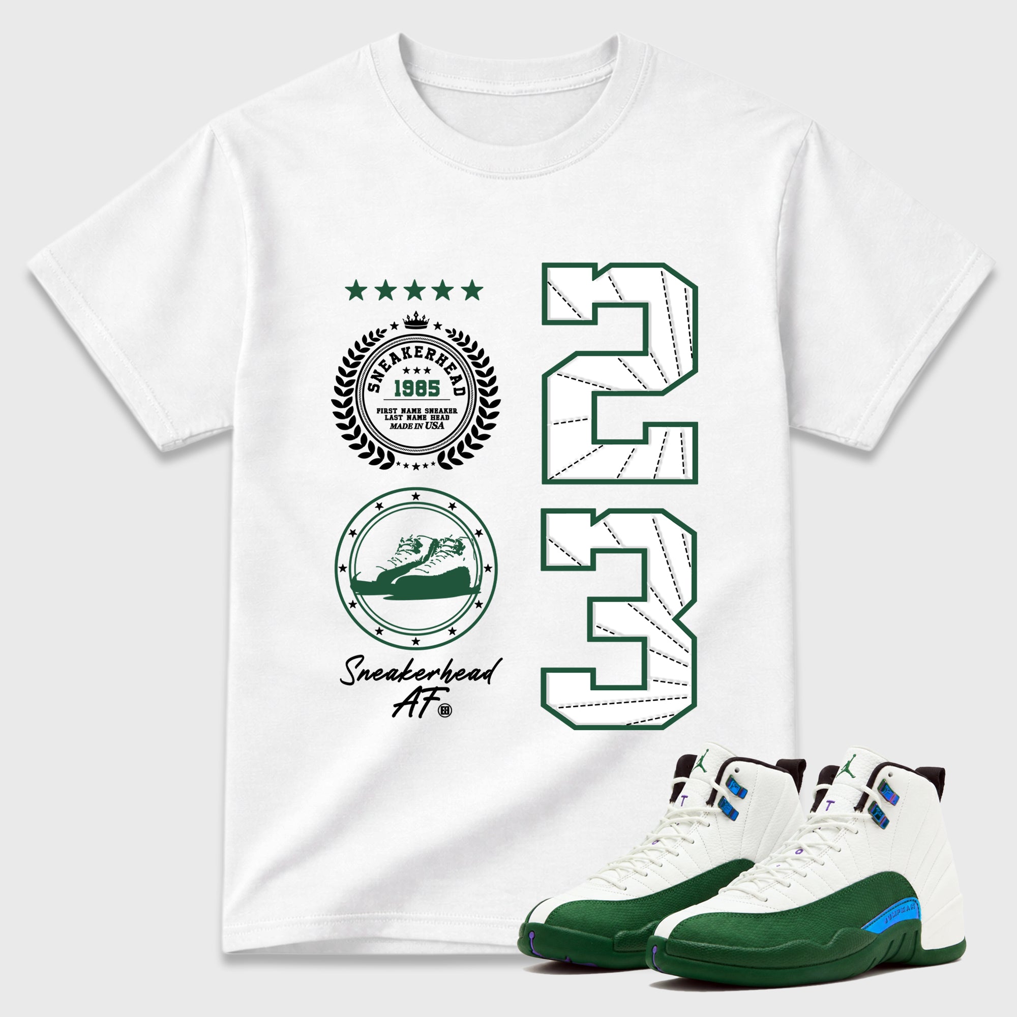 Sneaker Emblem Graphic T-Shirt featuring original streetwear artwork designed to match the Air Jordan 12 Summit Green. White 1 Graphic T-Shirt.