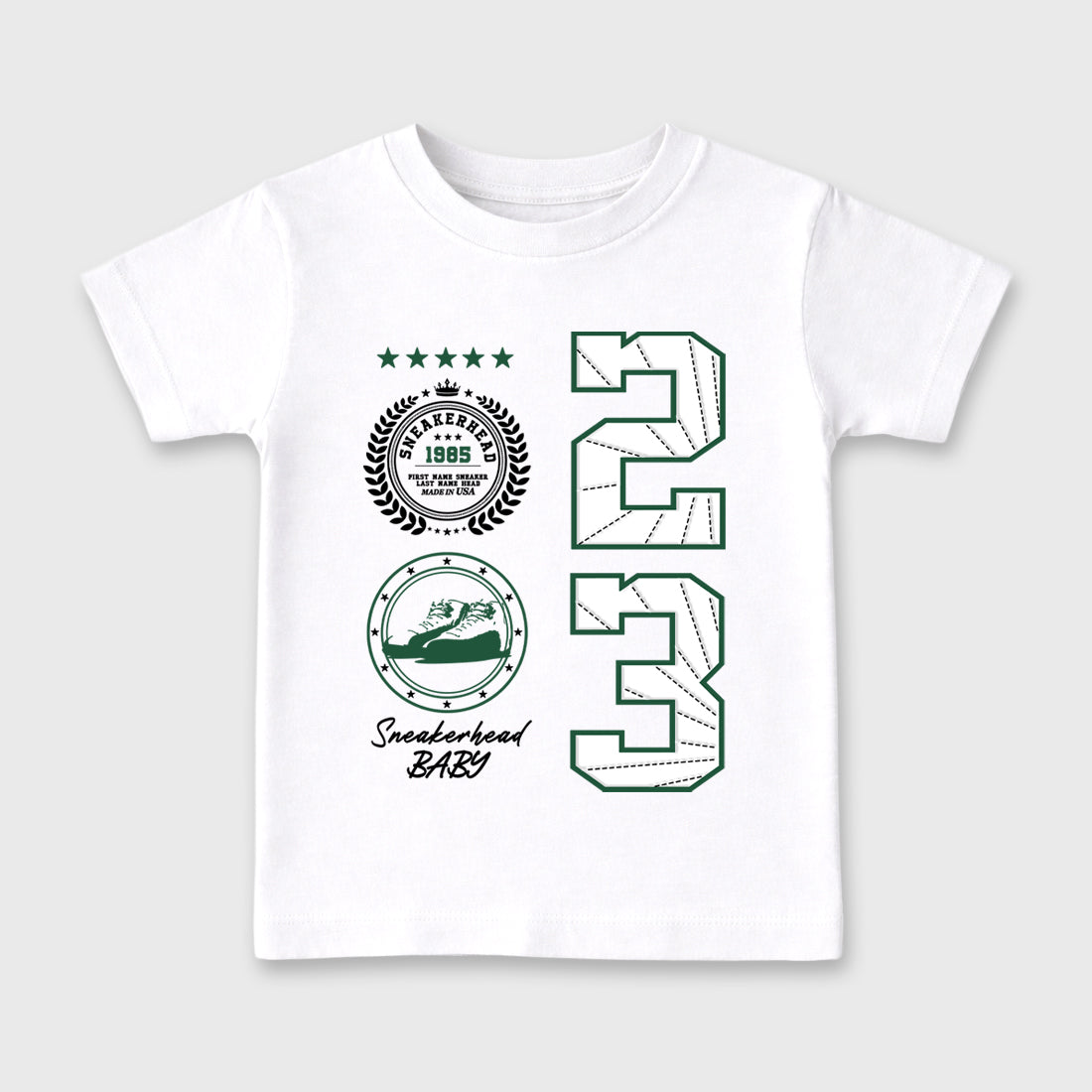 Sneaker Emblem Baby & Kids Graphic T-Shirt featuring original artwork designed to match the Air Jordan 12 Summit Green. White 2 Kids Graphic Tee.