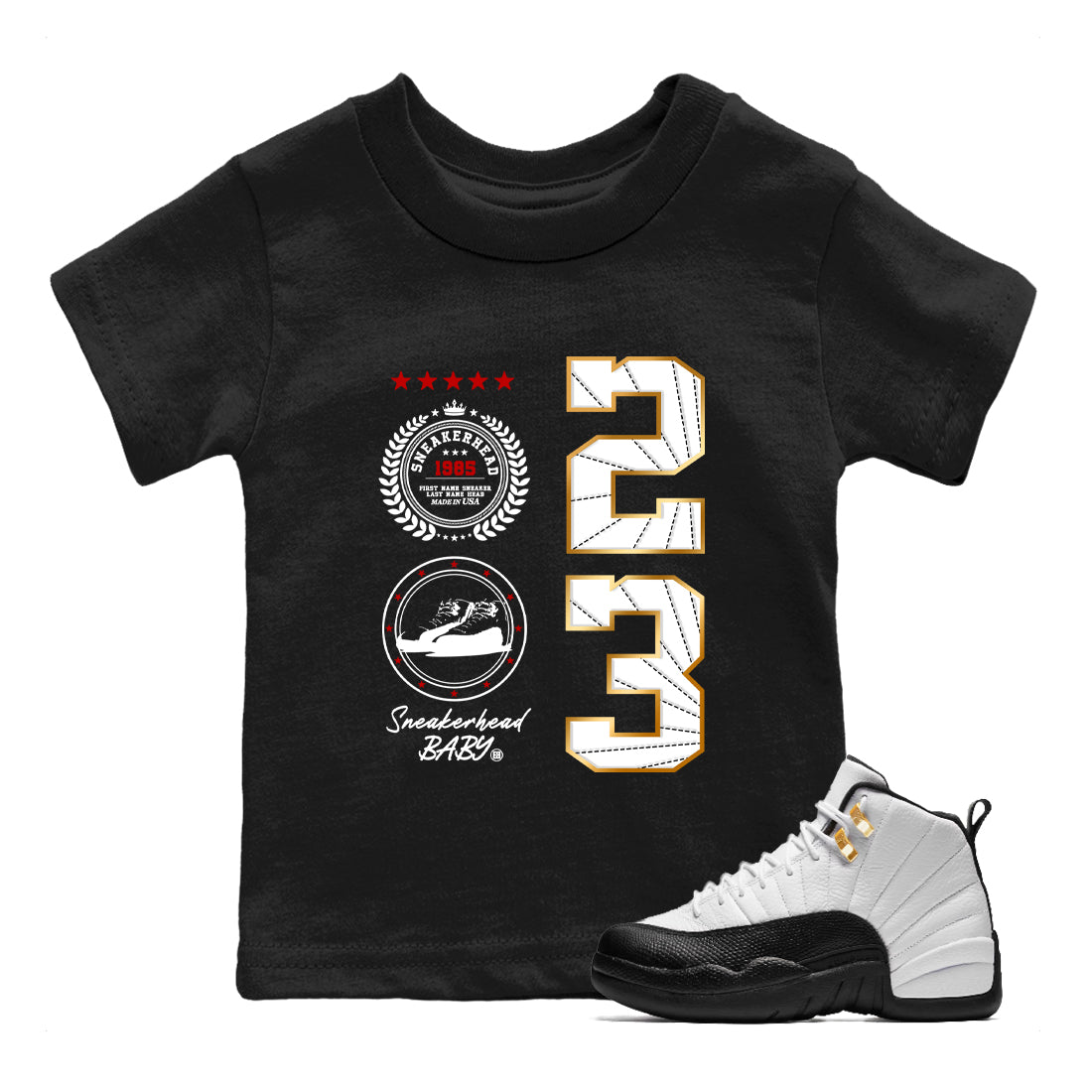 Sneaker match tees – Sneaker Tees To Match Air Jordan 12 Taxi Shoes – Sneaker Emblem Kids T-Shirt Black 1