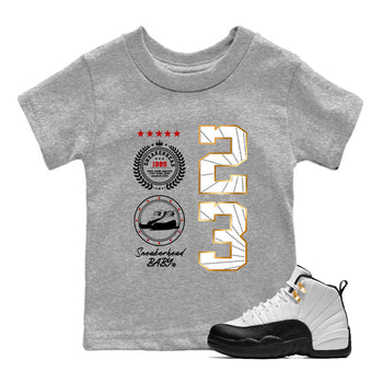 Sneaker match tees – Sneaker Tees To Match Air Jordan 12 Taxi Shoes – Sneaker Emblem Kids T-Shirt Heather Grey 1