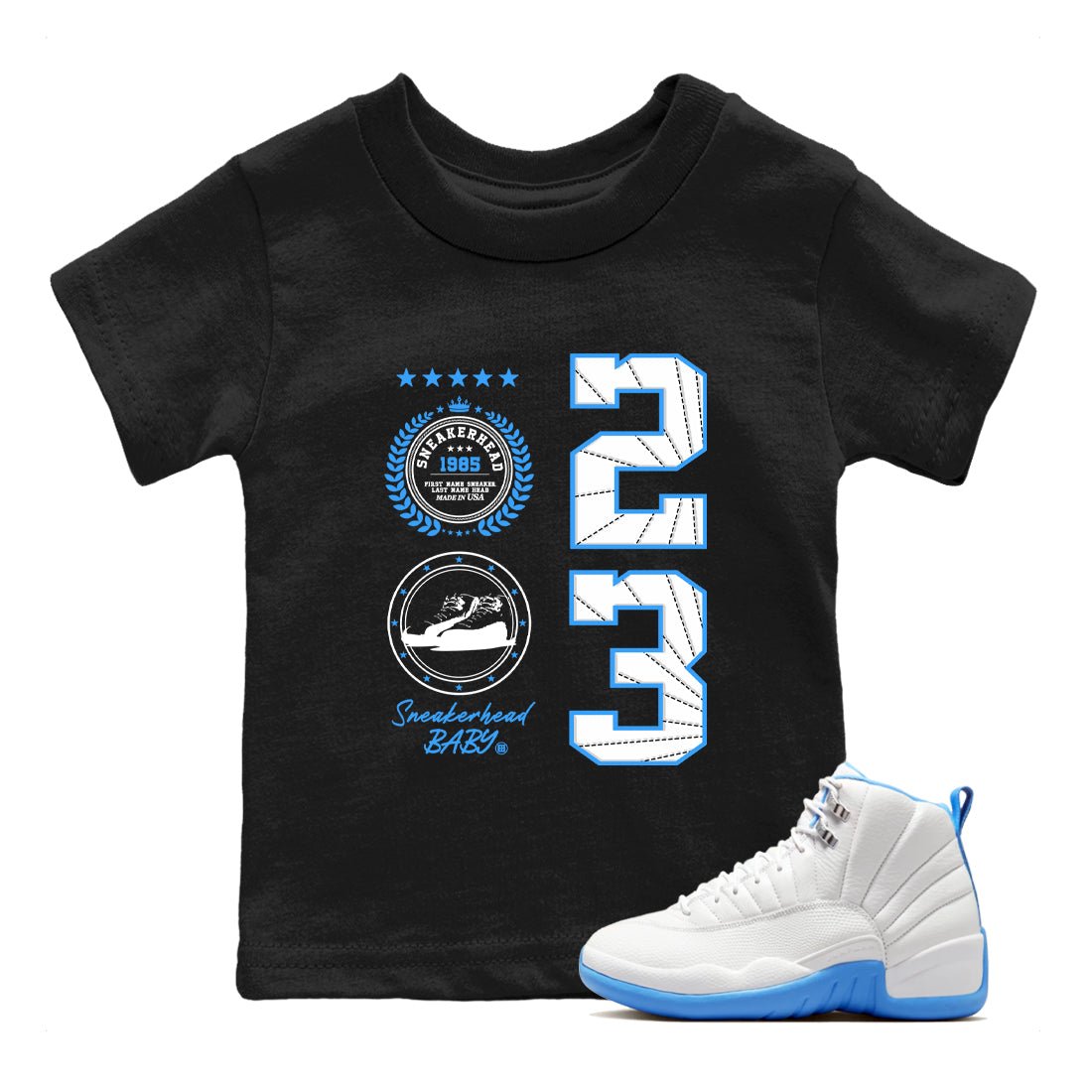 Sneaker Emblem baby and kids t-shirt crafted for little sneakerheads to shine with the Air Jordan 12 White and University Blue sneakers, displayed in Black 1.