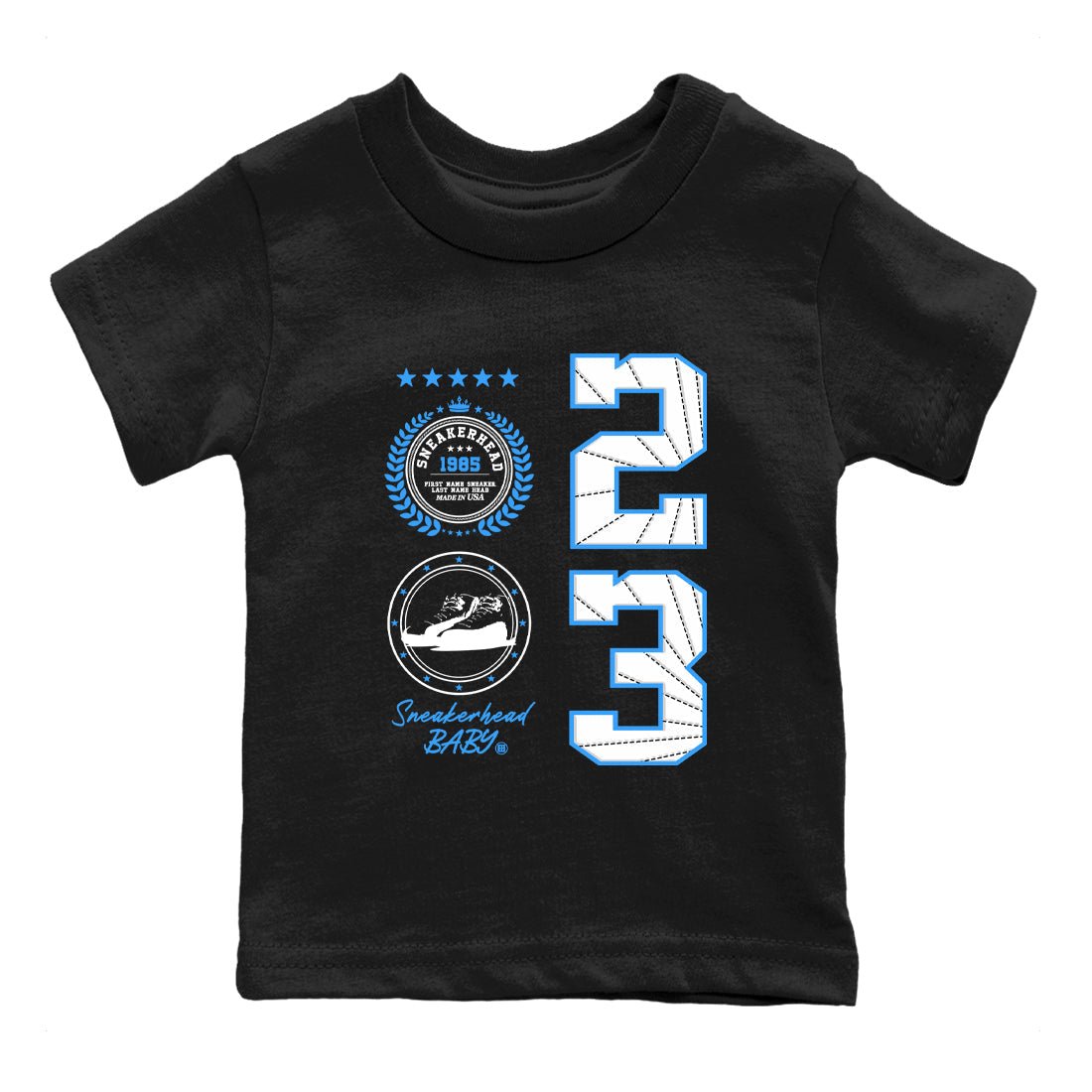 Sneaker Emblem baby and kids t-shirt crafted for little sneakerheads to shine with the Air Jordan 12 White and University Blue sneakers, displayed in Black 2.