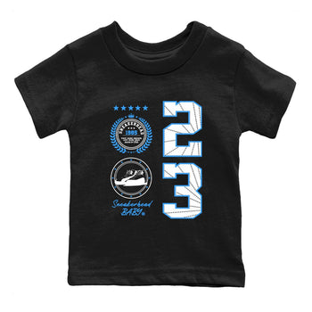Sneaker Emblem baby and kids t-shirt crafted for little sneakerheads to shine with the Air Jordan 12 White and University Blue sneakers, displayed in Black 2.