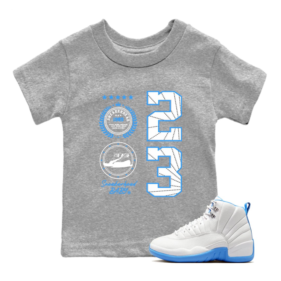 Sneaker Emblem baby and kids t-shirt crafted for little sneakerheads to shine with the Air Jordan 12 White and University Blue sneakers, displayed in Heather Grey 1.