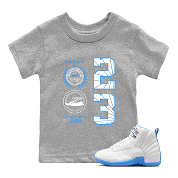 Sneaker Emblem baby and kids t-shirt crafted for little sneakerheads to shine with the Air Jordan 12 White and University Blue sneakers, displayed in Heather Grey 1.
