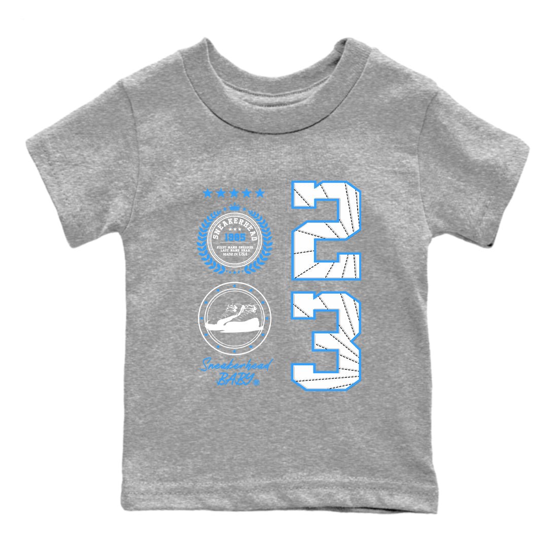 Sneaker Emblem baby and kids t-shirt crafted for little sneakerheads to shine with the Air Jordan 12 White and University Blue sneakers, displayed in Heather Grey 2.