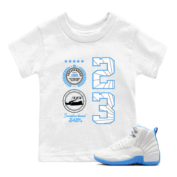 Sneaker Emblem baby and kids t-shirt crafted for little sneakerheads to shine with the Air Jordan 12 White and University Blue sneakers, displayed in White 1.
