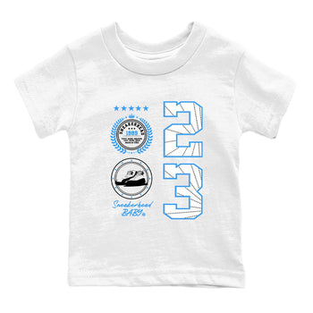 Sneaker Emblem baby and kids t-shirt crafted for little sneakerheads to shine with the Air Jordan 12 White and University Blue sneakers, displayed in White 2.