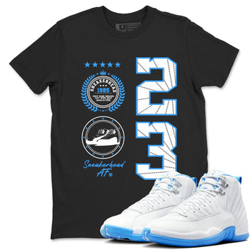 Sneaker Emblem sneaker match t-shirt styled to complete your fit with the Air Jordan 12 White and University Blue sneakers, shown in Black 1.