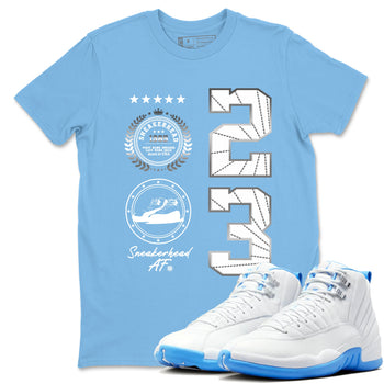 Sneaker Emblem sneaker match t-shirt styled to complete your fit with the Air Jordan 12 White and University Blue sneakers, shown in Carolina Blue 1.