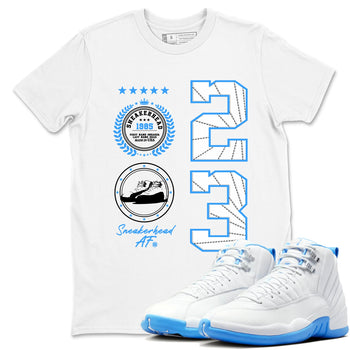 Sneaker Emblem sneaker match t-shirt styled to complete your fit with the Air Jordan 12 White and University Blue sneakers, shown in White 1.