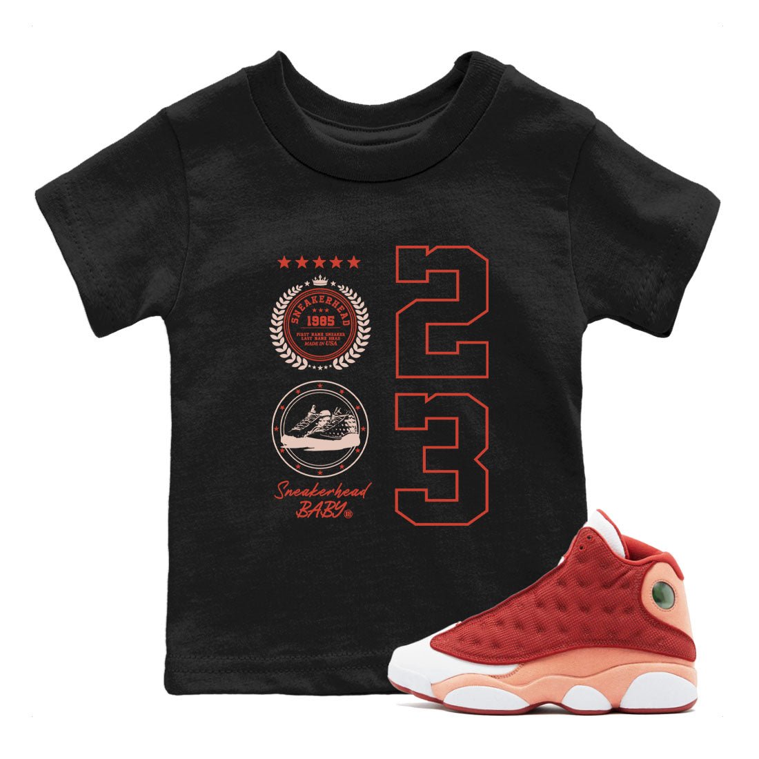AJ13 Dune Red shirts to match jordans Sneaker Emblem sneaker match tees Air Jordan 13 Dune Red SNRT Sneaker Tees streetwear brand Baby and Youth Black 1 cotton tee