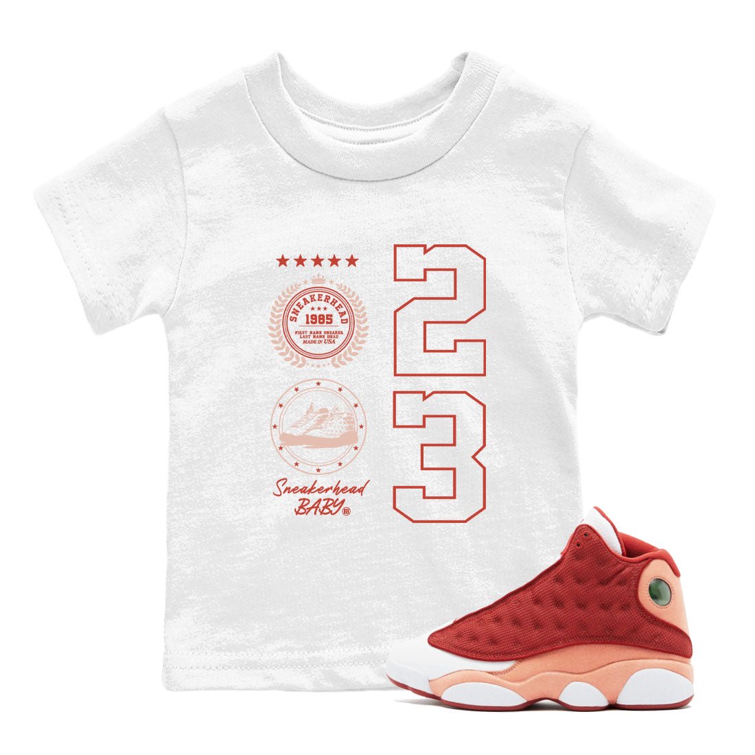 AJ13 Dune Red shirts to match jordans Sneaker Emblem sneaker match tees Air Jordan 13 Dune Red SNRT Sneaker Tees streetwear brand Baby and Youth White 1 cotton tee