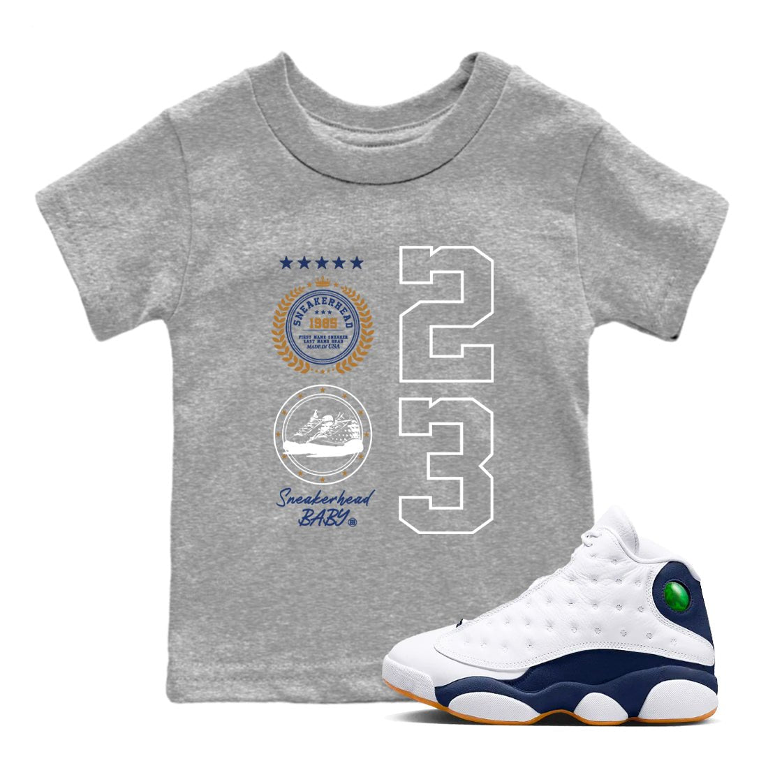 13 Midnight Navy Shirts To Match Jordans Sneaker Emblem Sneaker Shirts Air Jordan 13 Midnight Navy SNRT Sneaker Release Tees Baby Youth Toddler Heather Grey 1 crew neck shirts