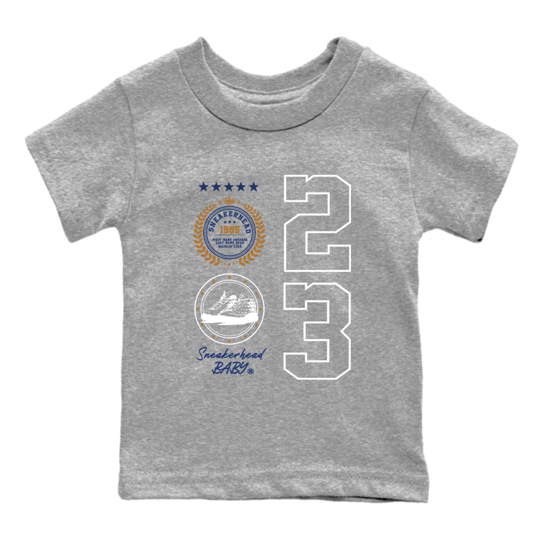 13 Midnight Navy Shirts To Match Jordans Sneaker Emblem Sneaker Shirts Air Jordan 13 Midnight Navy SNRT Sneaker Release Tees Baby Youth Toddler Heather Grey 2 crew neck shirts