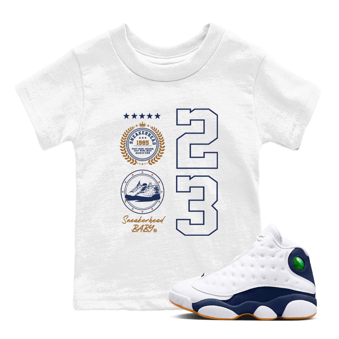 13 Midnight Navy Shirts To Match Jordans Sneaker Emblem Sneaker Shirts Air Jordan 13 Midnight Navy SNRT Sneaker Release Tees Baby Youth Toddler White 1 crew neck shirts