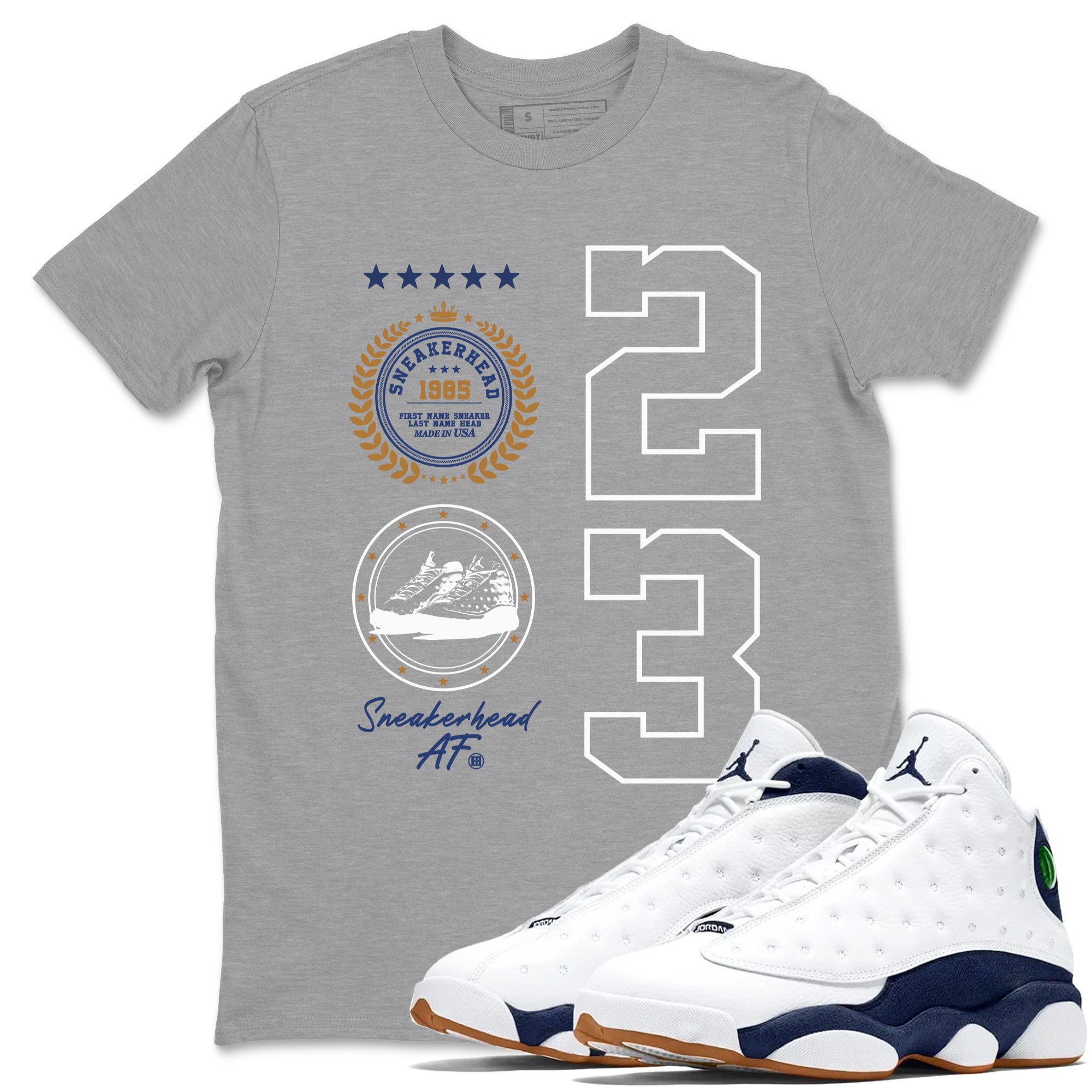 13 Midnight Navy Shirts To Match Jordans Sneaker Emblem Sneaker Shirts Air Jordan 13 Midnight Navy SNRT Sneaker Release Tees Unisex Cotton Crew Neck Heather Grey 1 crew neck shirts