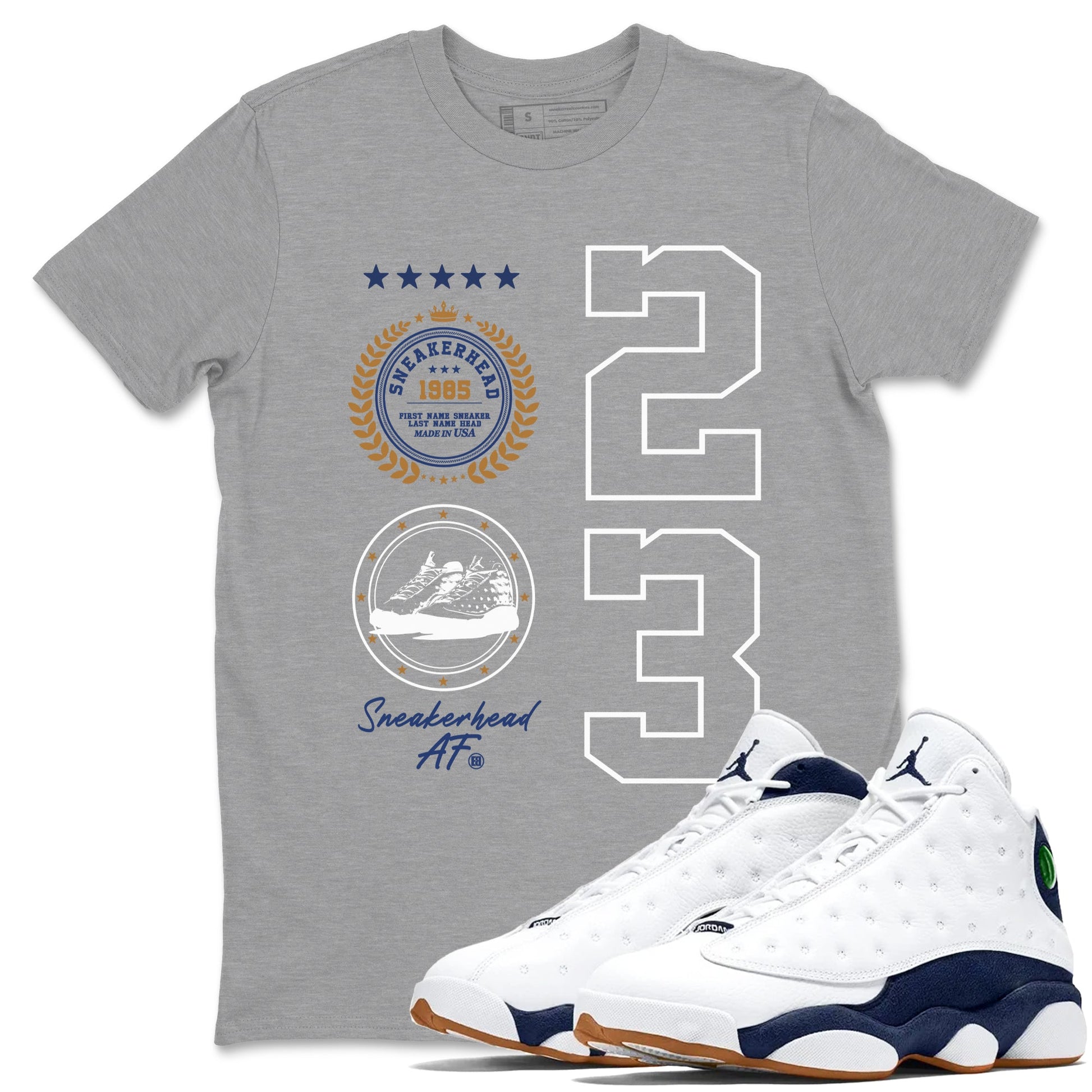 13 Midnight Navy Shirts To Match Jordans Sneaker Emblem Sneaker Shirts Air Jordan 13 Midnight Navy SNRT Sneaker Release Tees Unisex Cotton Crew Neck Heather Grey 1 crew neck shirts