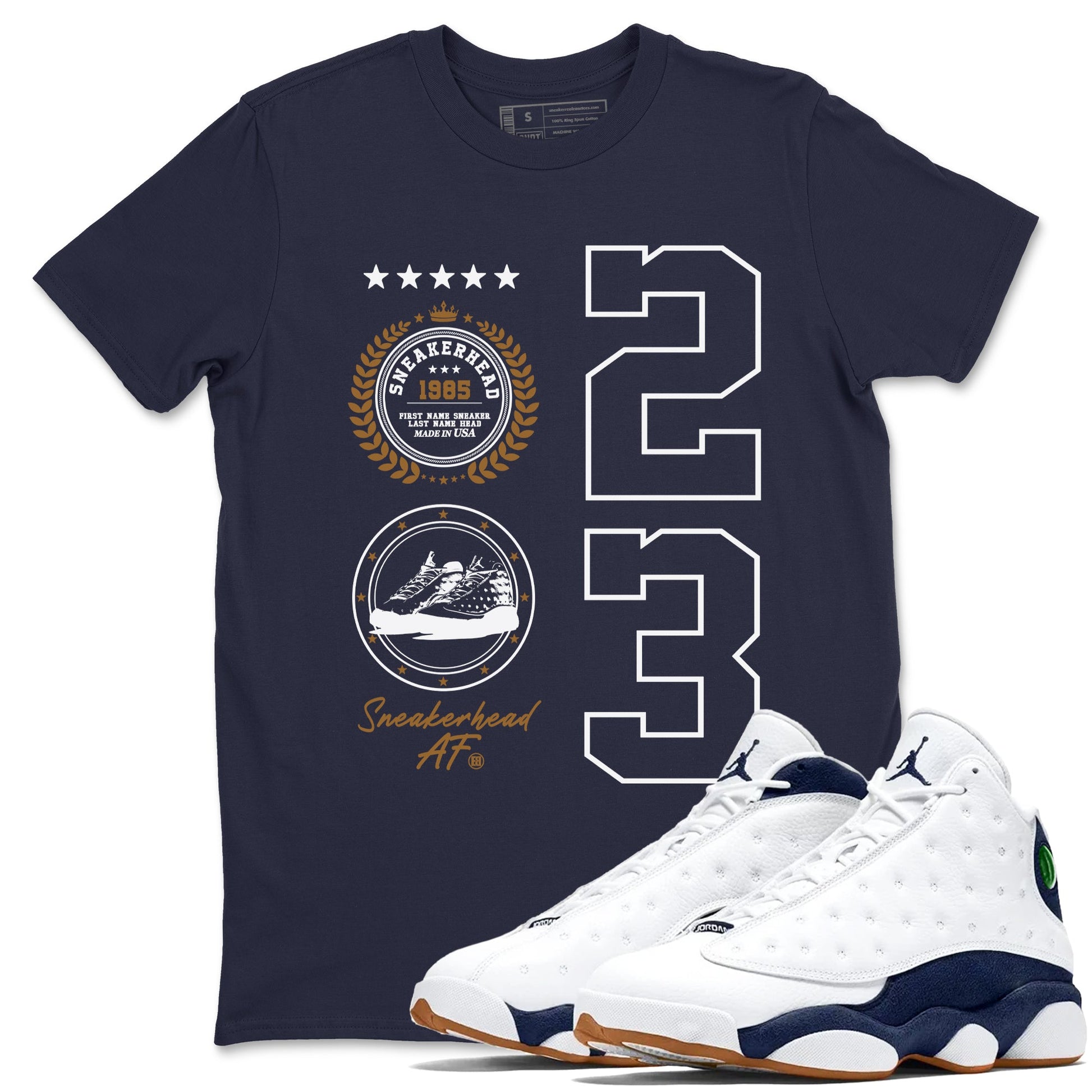 13 Midnight Navy Shirts To Match Jordans Sneaker Emblem Sneaker Shirts Air Jordan 13 Midnight Navy SNRT Sneaker Release Tees Unisex Cotton Crew Neck Navy 1 crew neck shirts