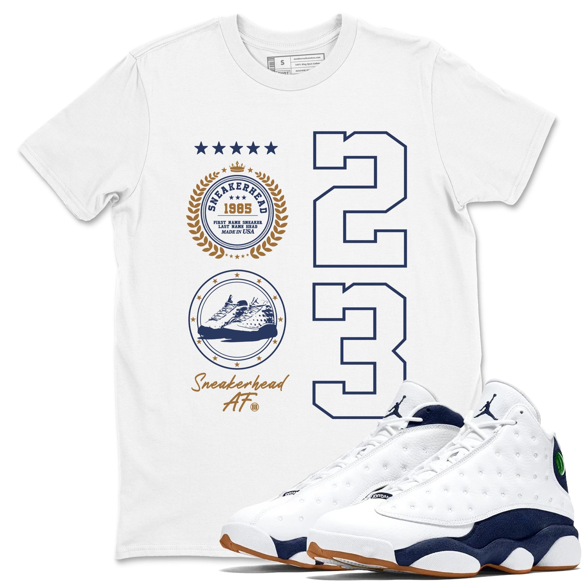 13 Midnight Navy Shirts To Match Jordans Sneaker Emblem Sneaker Shirts Air Jordan 13 Midnight Navy SNRT Sneaker Release Tees Unisex Cotton Crew Neck White 1 crew neck shirts