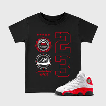 Sneaker match tees – Sneaker Tees To Match Air Jordan 13 University Red Shoes – Sneaker Emblem Kids T-Shirt Black 1