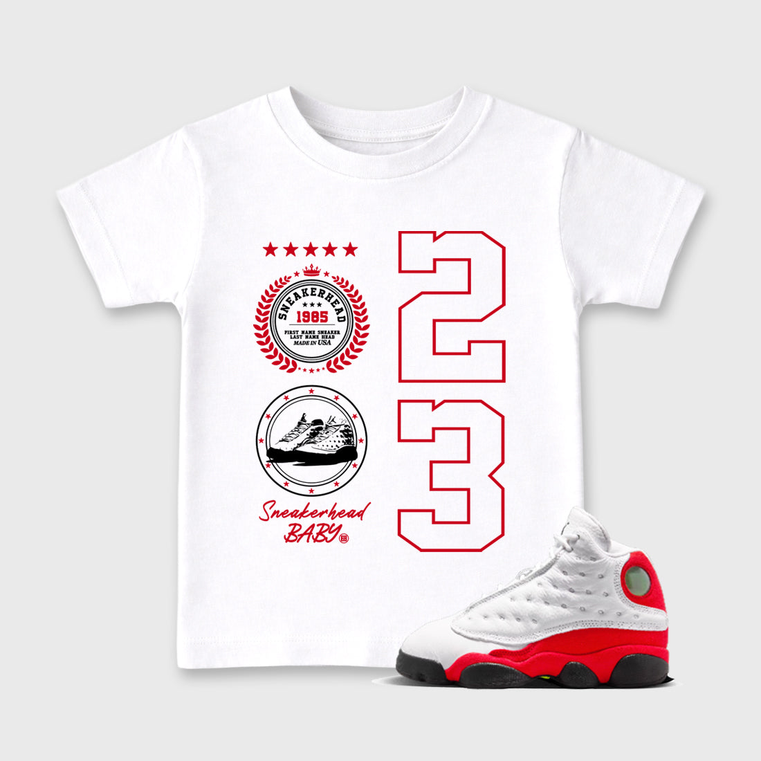 Sneaker match tees – Sneaker Tees To Match Air Jordan 13 University Red Shoes – Sneaker Emblem Kids T-Shirt White 1