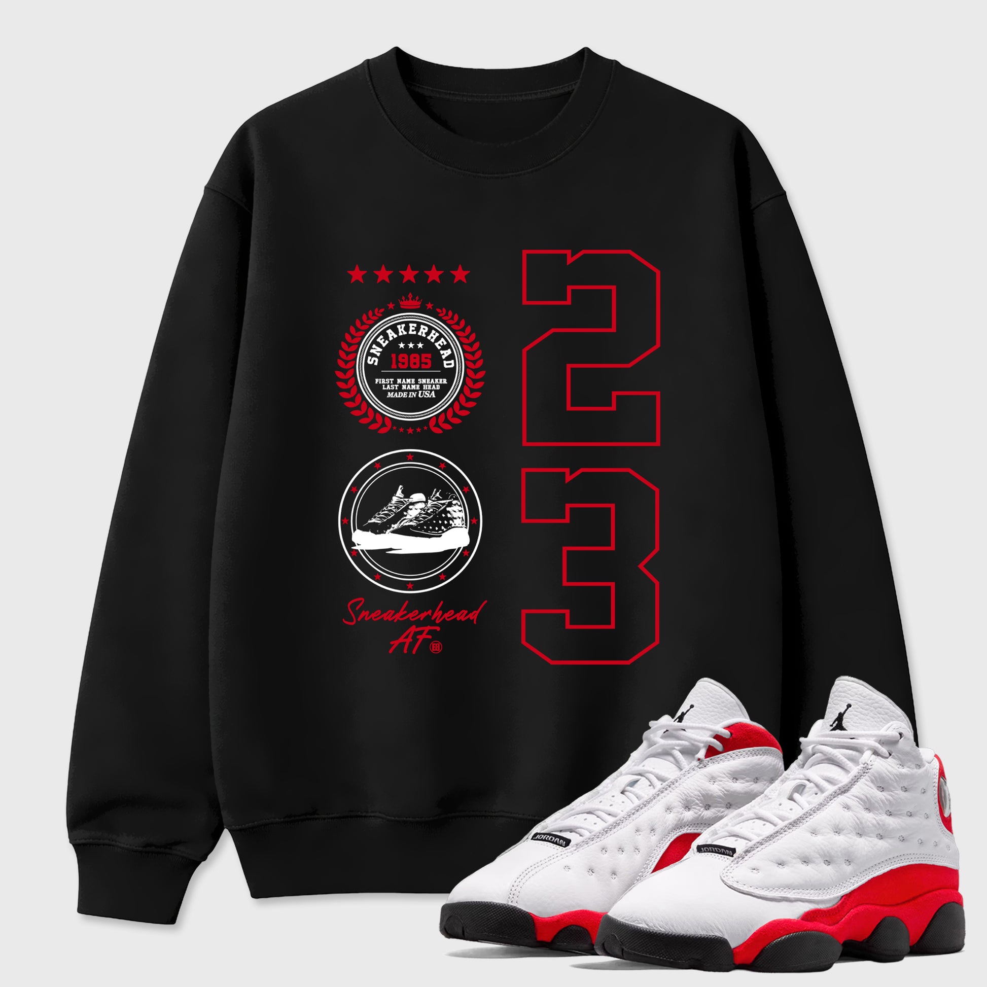 Sneaker match tees – Sneaker Tees To Match Air Jordan 13 University Red Shoes – Sneaker Emblem Tee Black 1