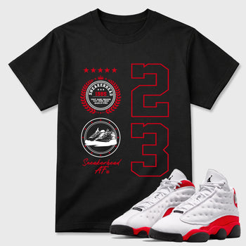 Sneaker match tees – Sneaker Tees To Match Air Jordan 13 University Red Shoes – Sneaker Emblem Tee Black 1