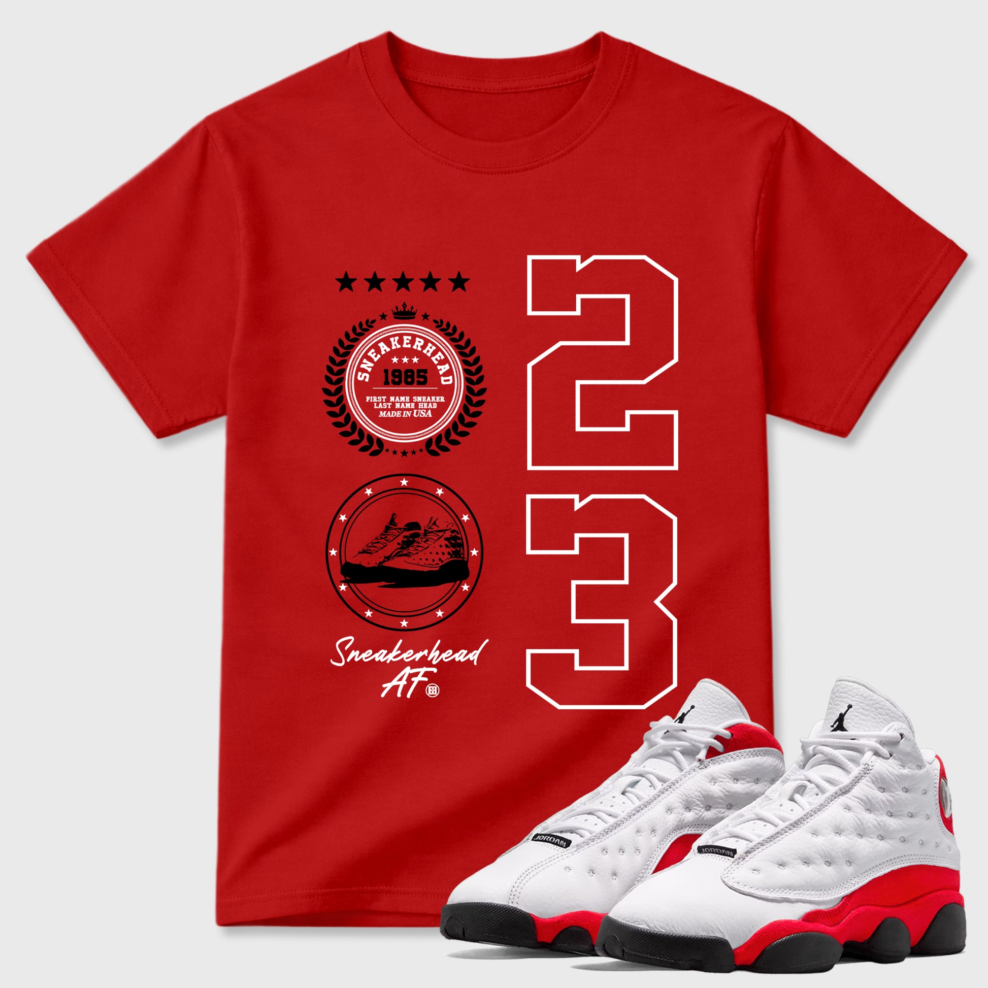 Sneaker match tees – Sneaker Tees To Match Air Jordan 13 University Red Shoes – Sneaker Emblem Tee Red 1