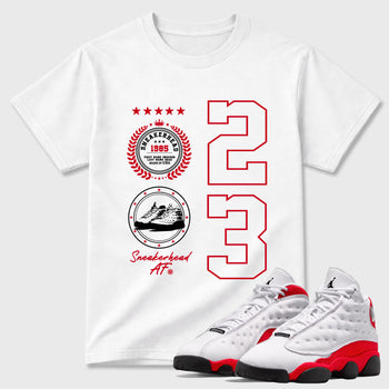Sneaker match tees – Sneaker Tees To Match Air Jordan 13 University Red Shoes – Sneaker Emblem Tee White 1
