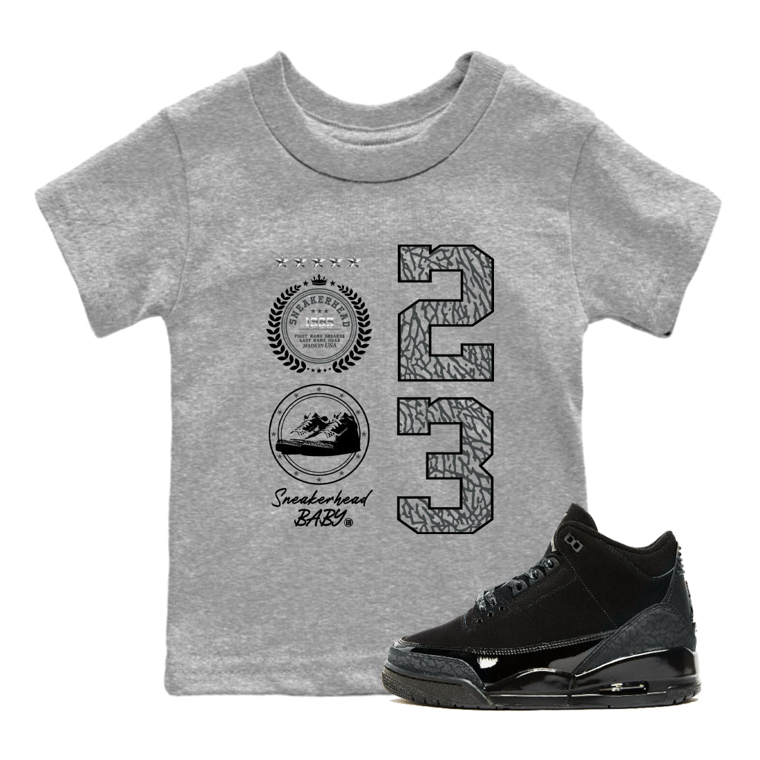 Air Jordan 3 Black Cat shirts to match jordans Sneaker Emblem sneaker match tees Jordan 3 Retro Black Cat best t shirts to wear with jordans SNRT Sneaker Tees Youth Baby Heather Grey 1 tee