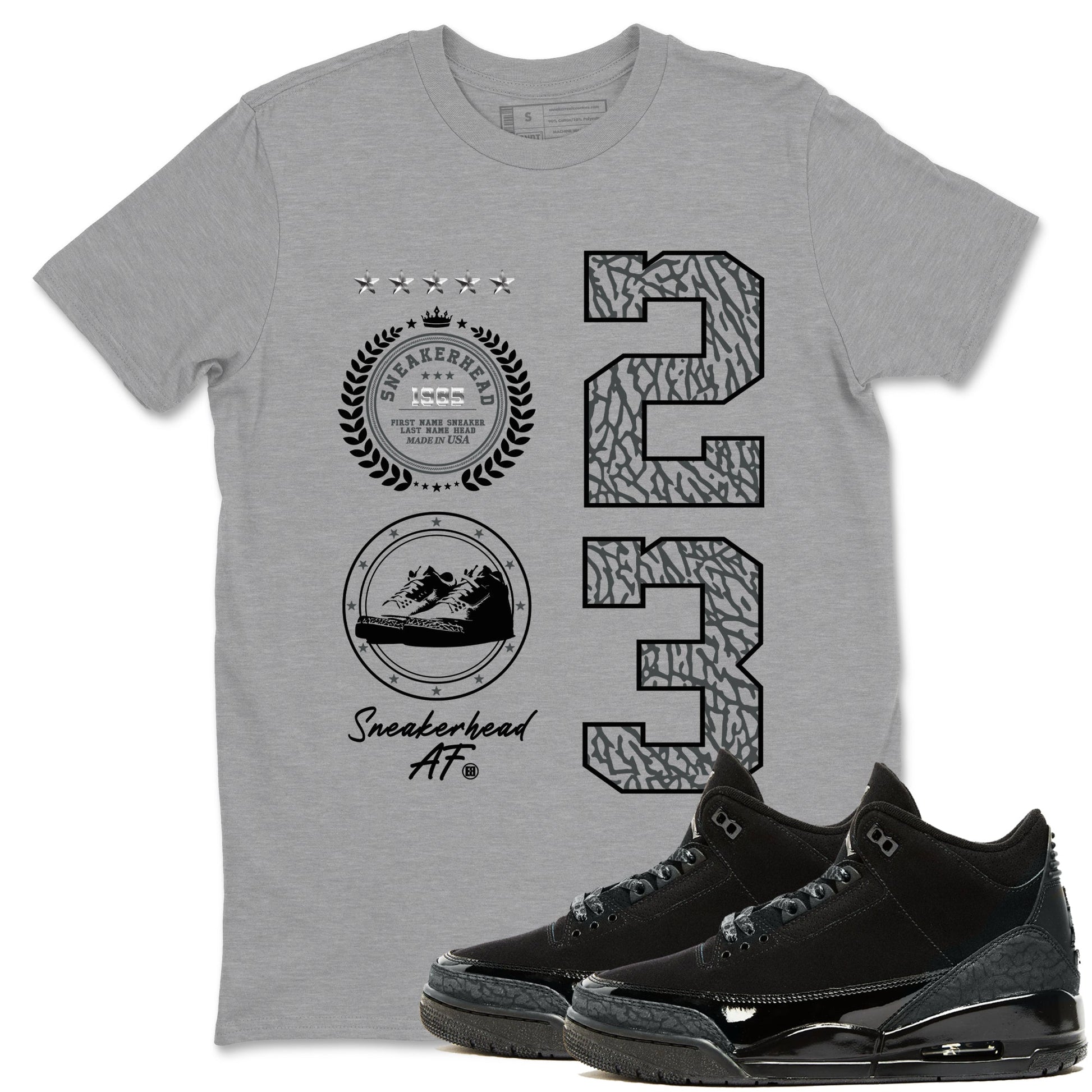 Air Jordan 3 Black Cat shirts to match jordans Sneaker Emblem sneaker match tees Jordan 3 Retro Black Cat best t shirts to wear with jordans SNRT Sneaker Tees unisex cotton Heather Grey 1 shirts