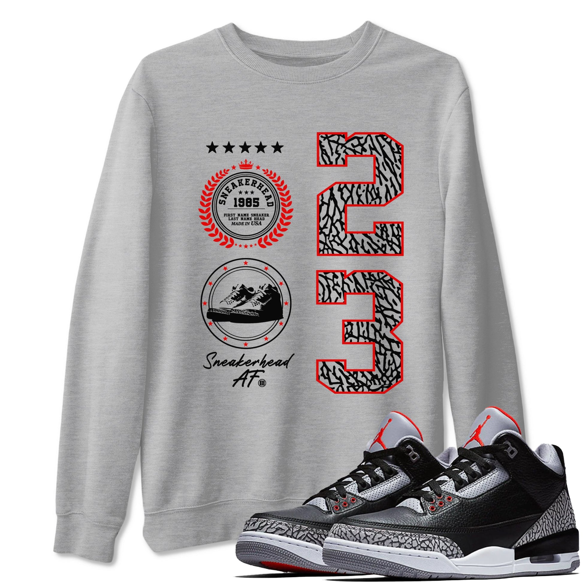 3s Black Cement shirts to match jordans Sneaker Emblem sneaker match tees Air Jordan 3 Retro Black Cement SNRT Sneaker Release Tees unisex cotton Heather Grey 1 crew neck shirts