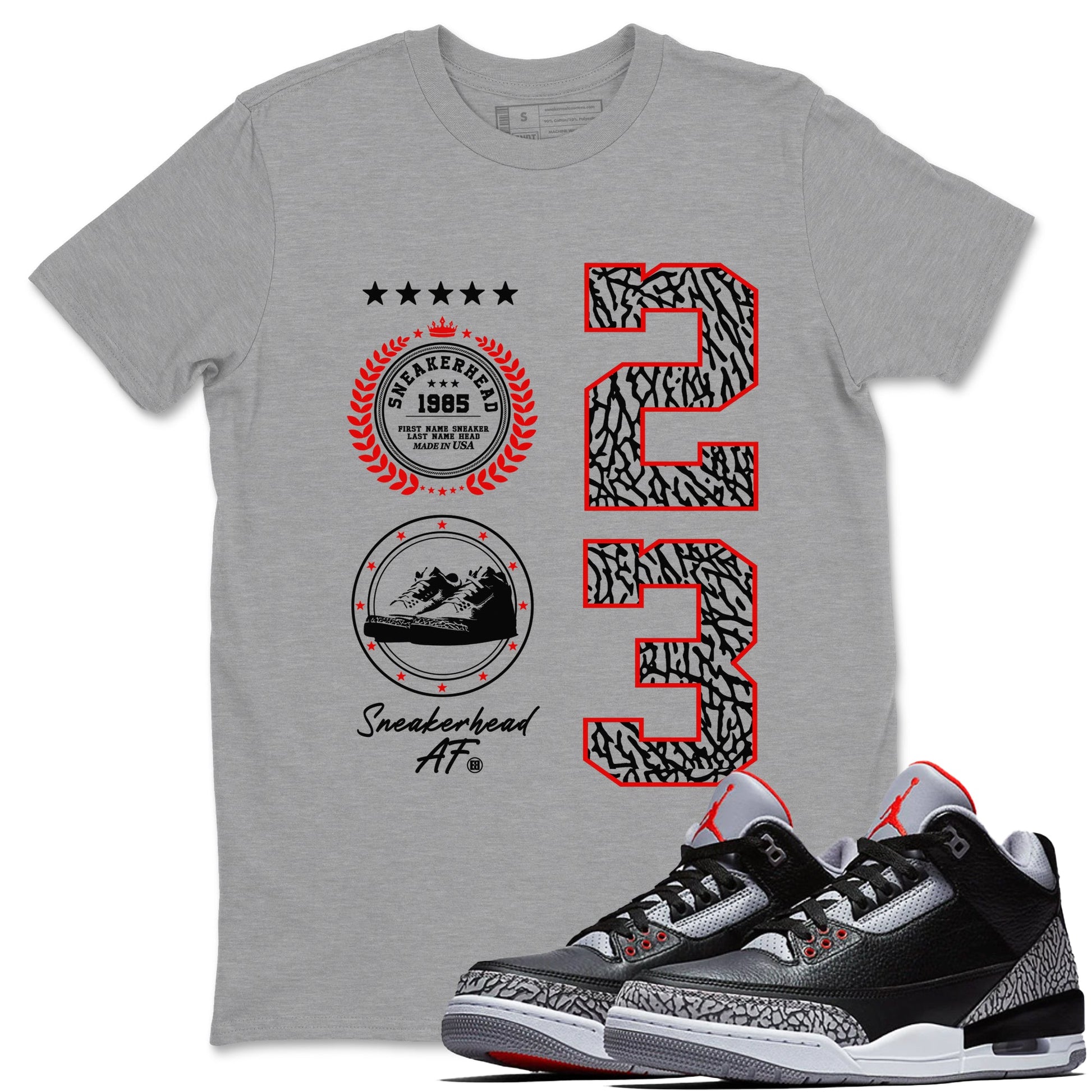 3s Black Cement shirts to match jordans Sneaker Emblem sneaker match tees Air Jordan 3 Retro Black Cement SNRT Sneaker Release Tees unisex cotton Heather Grey 1 crew neck shirts