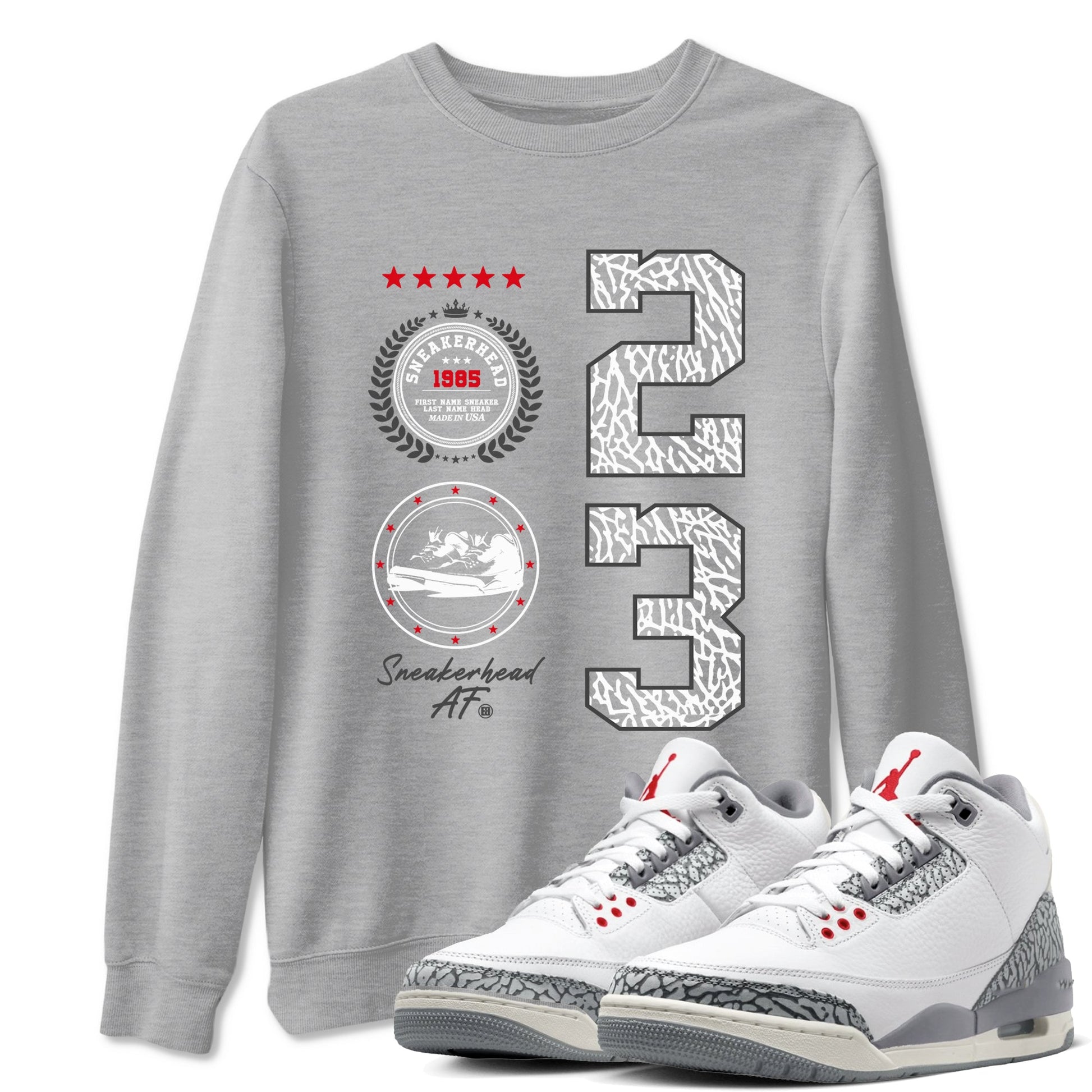 Air Jordan 3 Retro Cement Grey shirts to match jordans Sneaker Emblem sneaker match tees 3s Cement Grey SNRT Sneaker Tees streetwear brand Heather Grey 1 unisex cotton tee