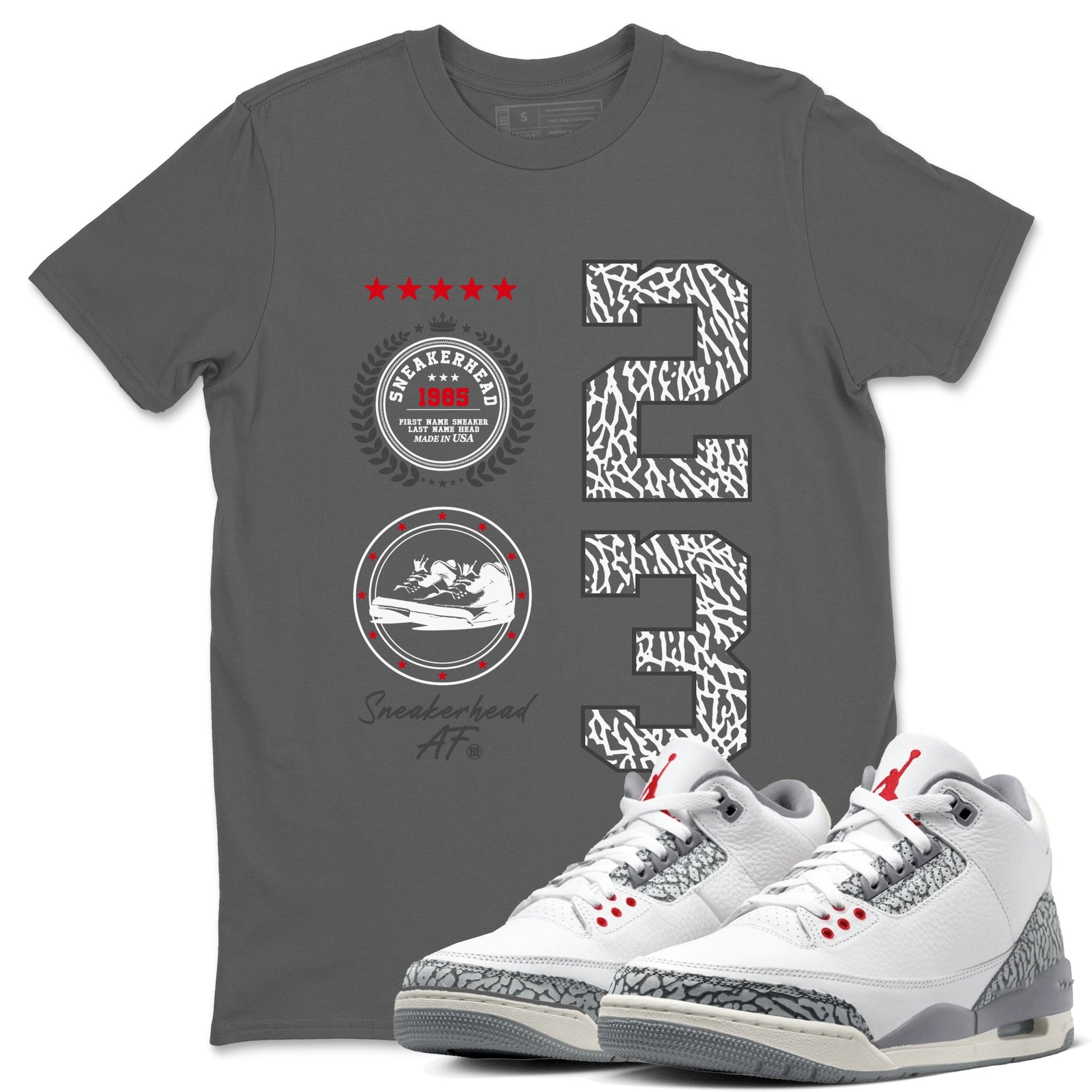 Air Jordan 3 Retro Cement Grey shirts to match jordans Sneaker Emblem sneaker match tees 3s Cement Grey SNRT Sneaker Tees streetwear brand Cool Grey 1 unisex cotton tee