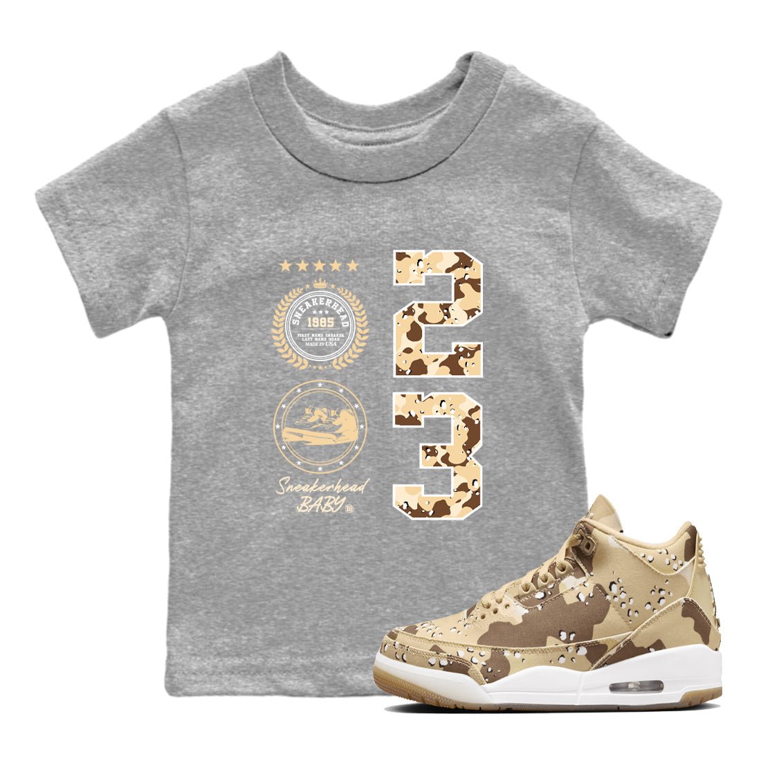 WNBA x Air Jordan 3 “Desert Camo” shirts to match jordans Sneaker Emblem sneaker match tees Air Jordan 3 Desert Camo SNRT Sneaker Release Tees Clothing Sneakerhead ShirtsBaby and Youth Heather Grey 1 cotton tee