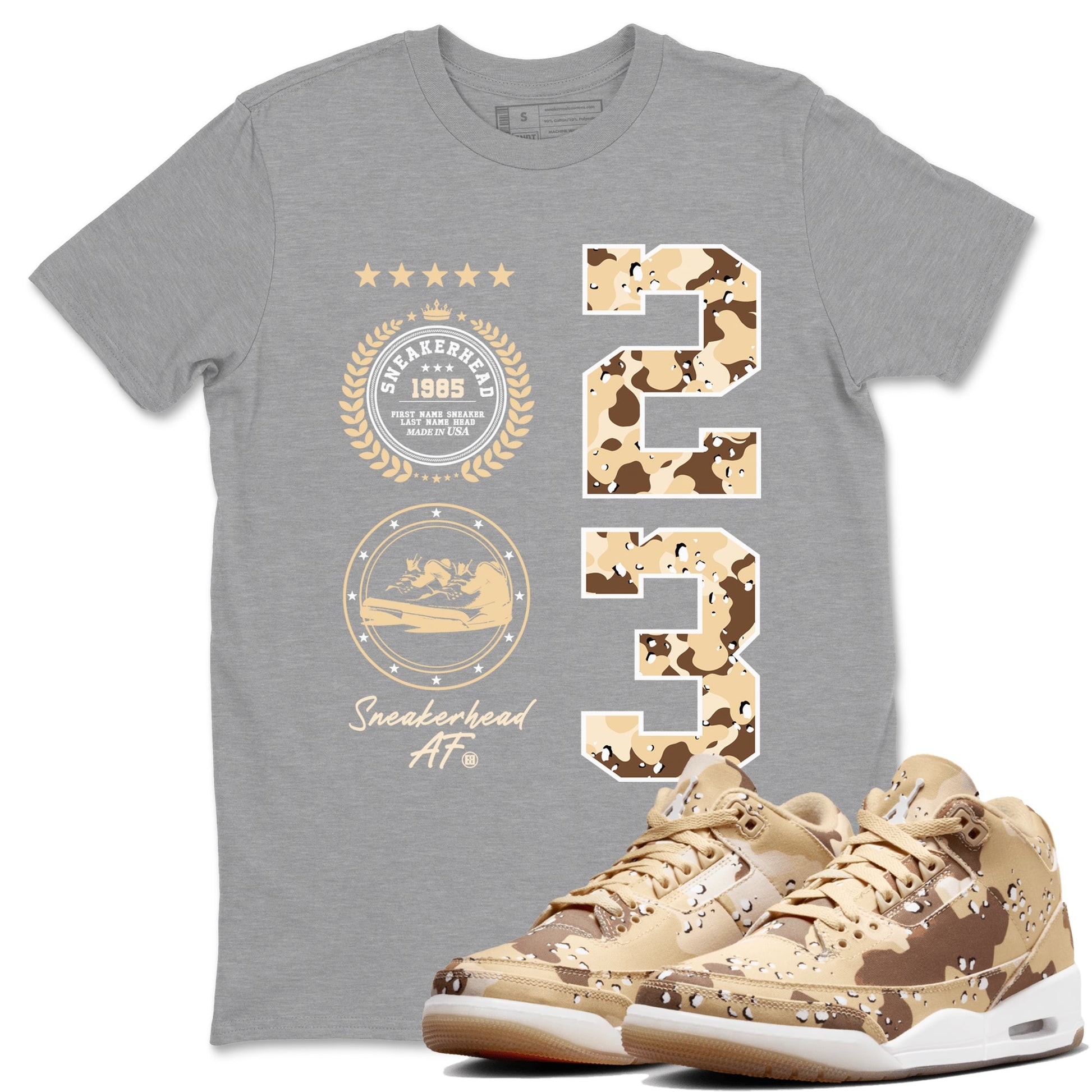 WNBA x Air Jordan 3 “Desert Camo” shirts to match jordans Sneaker Emblem sneaker match tees Air Jordan 3 Desert Camo SNRT Sneaker Release Tees Clothing Sneakerhead ShirtsHeather Grey 1 unisex cotton tee