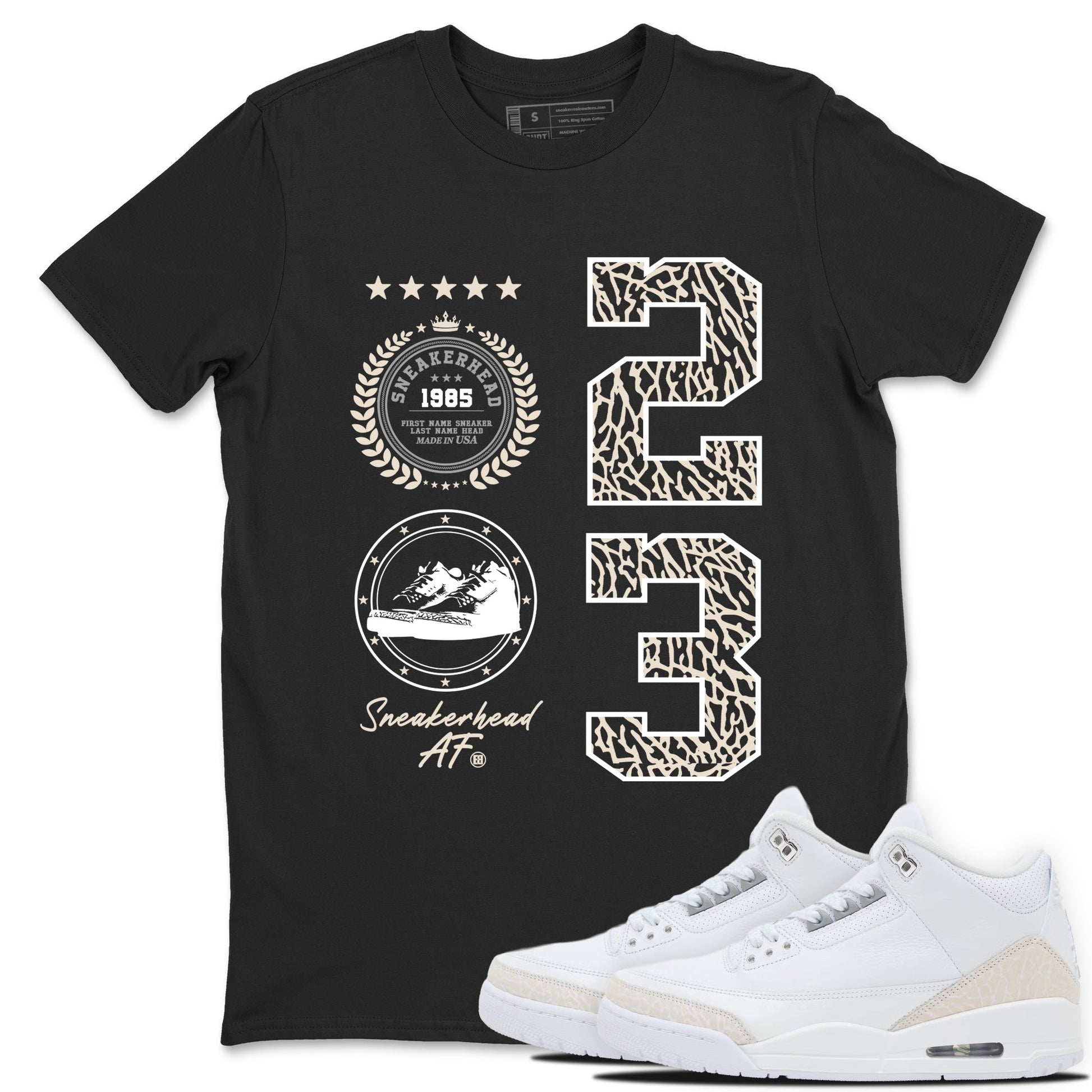 Sneaker Emblem sneaker match t-shirt styled to complete your fit with the Air Jordan 3 Pure Money sneakers, shown in Black 1.