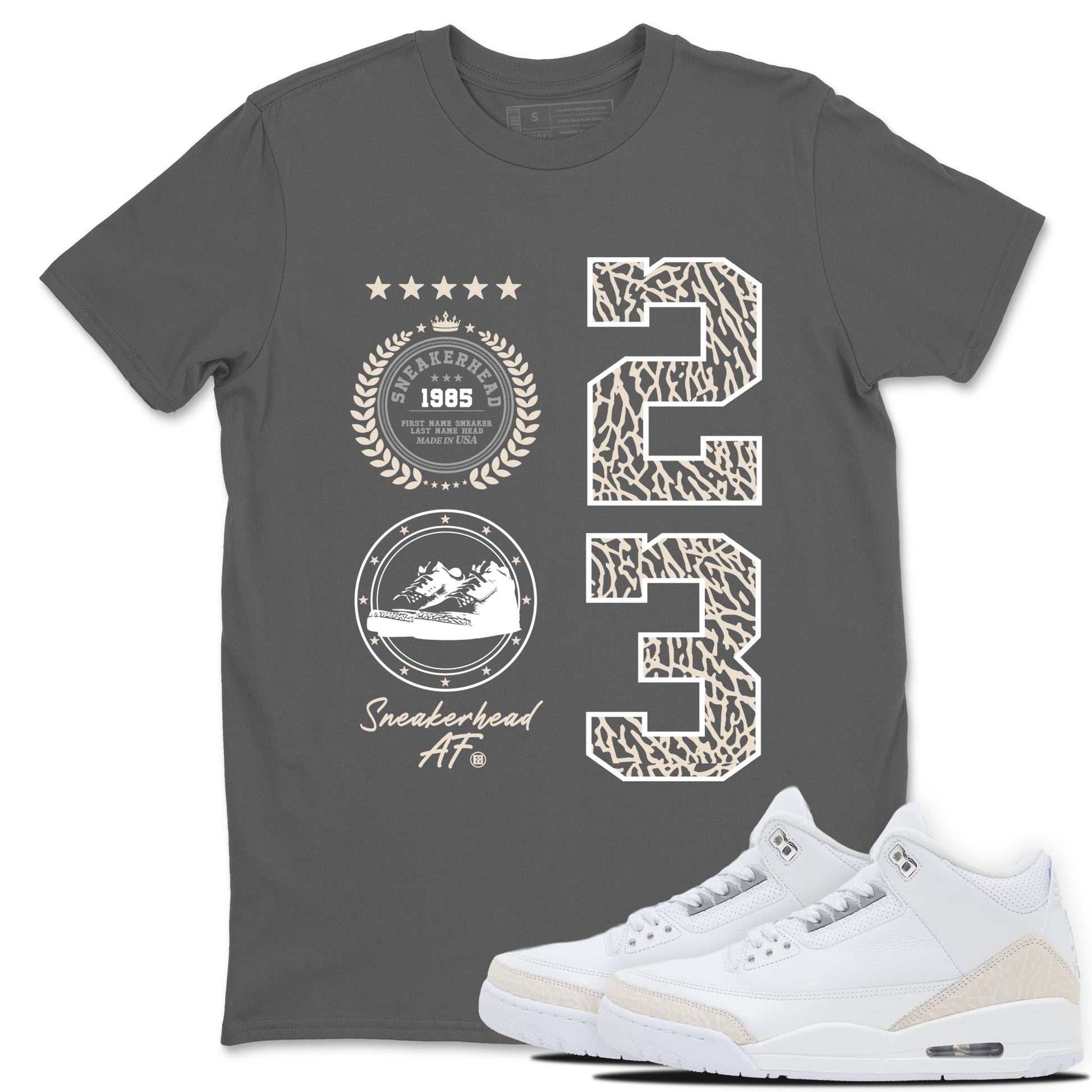 Sneaker Emblem sneaker match t-shirt styled to complete your fit with the Air Jordan 3 Pure Money sneakers, shown in Cool Grey 1.