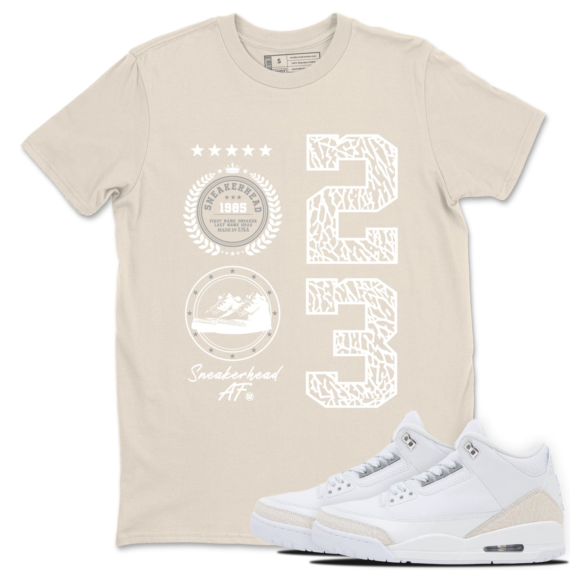 Sneaker Emblem sneaker match t-shirt styled to complete your fit with the Air Jordan 3 Pure Money sneakers, shown in Natural 1.