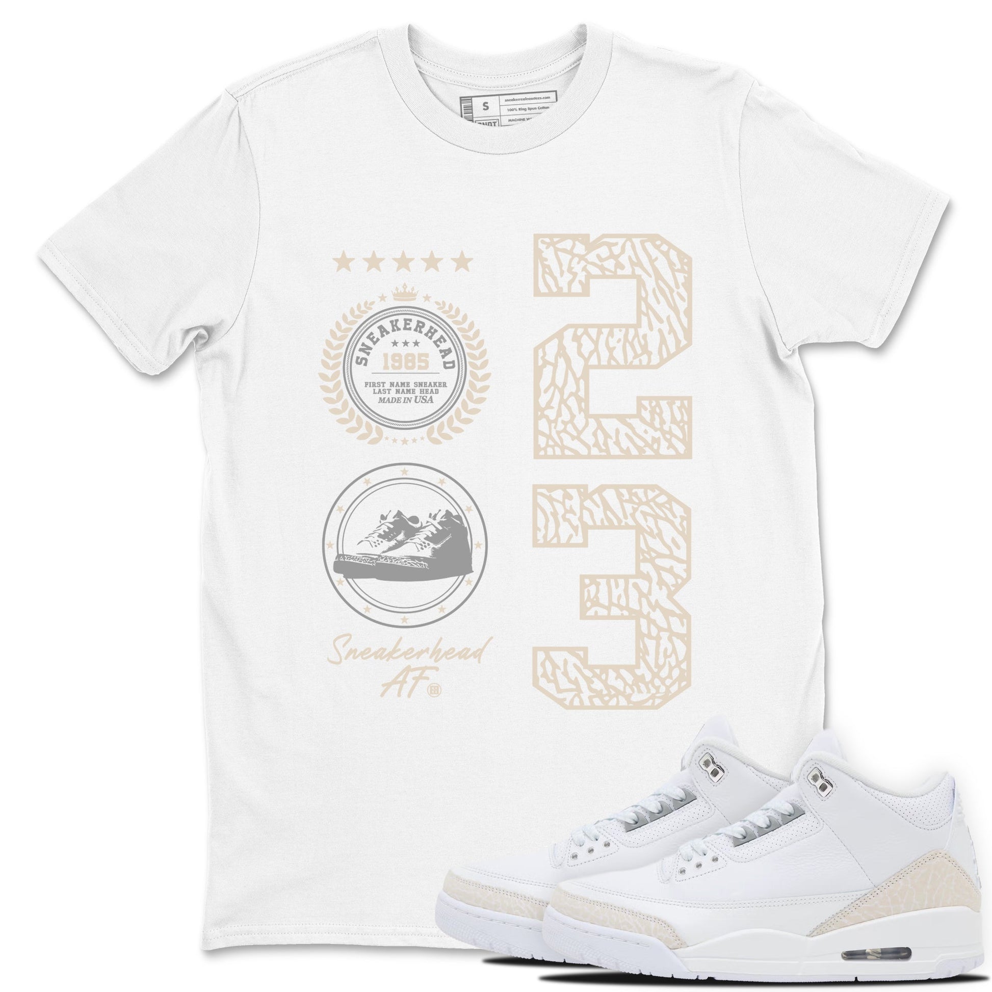Sneaker Emblem sneaker match t-shirt styled to complete your fit with the Air Jordan 3 Pure Money sneakers, shown in White 1.