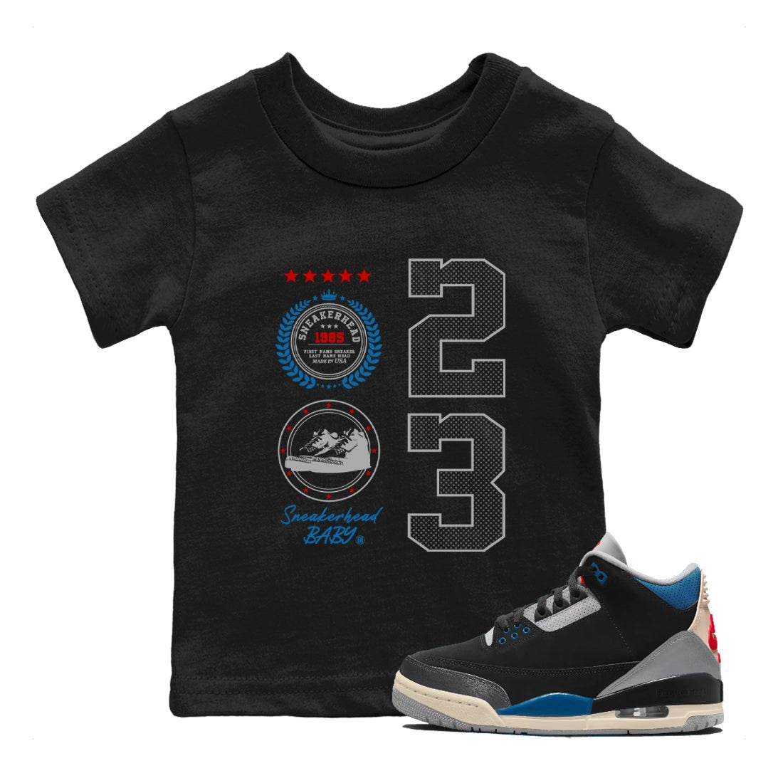 Sneaker Emblem baby and kids t-shirt crafted for little sneakerheads to shine with the Air Jordan 3 Rare Air sneakers, displayed in Black 1.