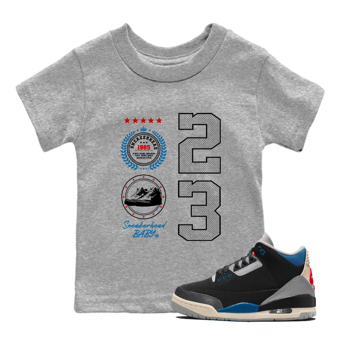 Sneaker Emblem baby and kids t-shirt crafted for little sneakerheads to shine with the Air Jordan 3 Rare Air sneakers, displayed in Heather Grey 1.