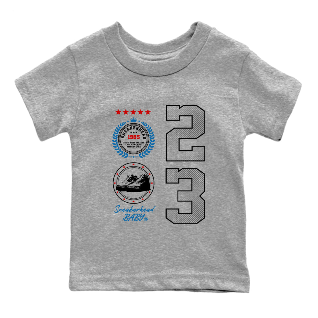 Sneaker Emblem baby and kids t-shirt crafted for little sneakerheads to shine with the Air Jordan 3 Rare Air sneakers, displayed in Heather Grey 2.