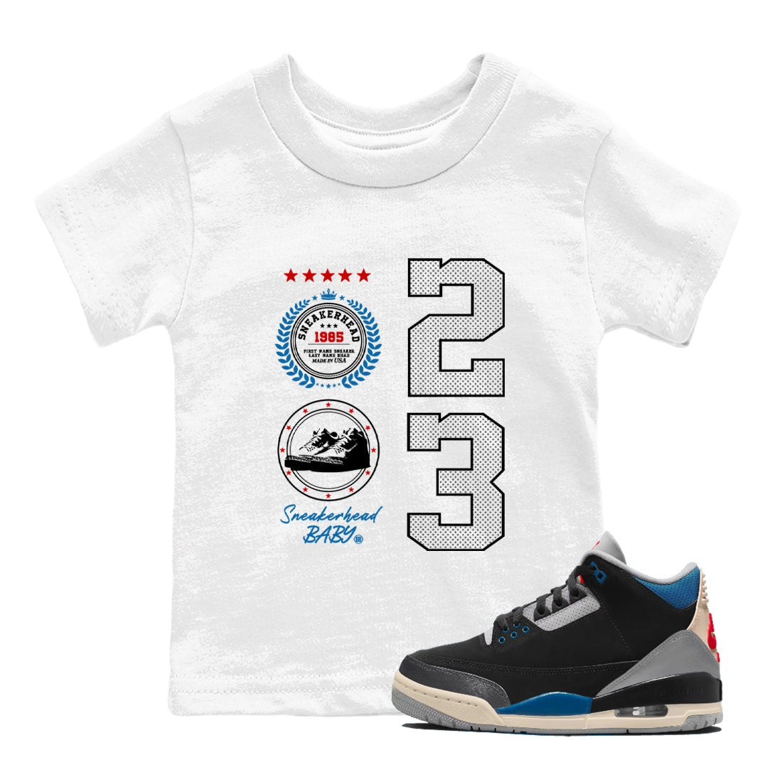 Sneaker Emblem baby and kids t-shirt crafted for little sneakerheads to shine with the Air Jordan 3 Rare Air sneakers, displayed in White 1.