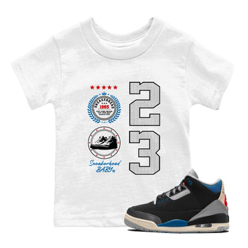Sneaker Emblem baby and kids t-shirt crafted for little sneakerheads to shine with the Air Jordan 3 Rare Air sneakers, displayed in White 1.