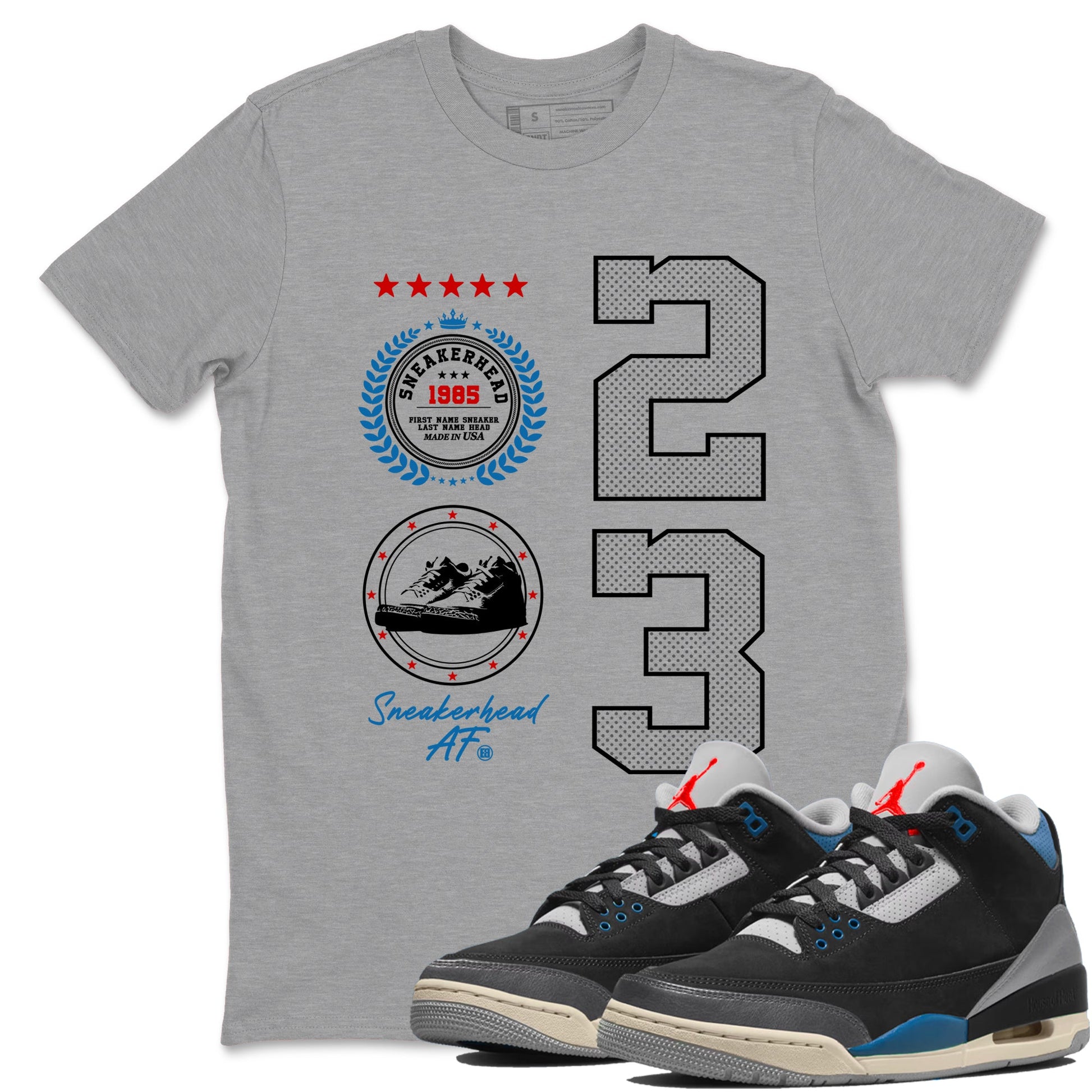 Sneaker Emblem sneaker match t-shirt styled to complete your fit with the Air Jordan 3 Rare Air sneakers, shown in Heather Grey 1.