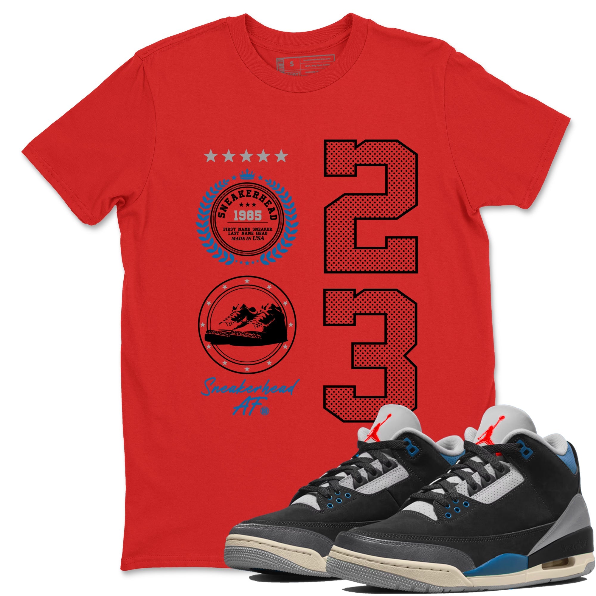 Sneaker Emblem sneaker match t-shirt styled to complete your fit with the Air Jordan 3 Rare Air sneakers, shown in Red 1.