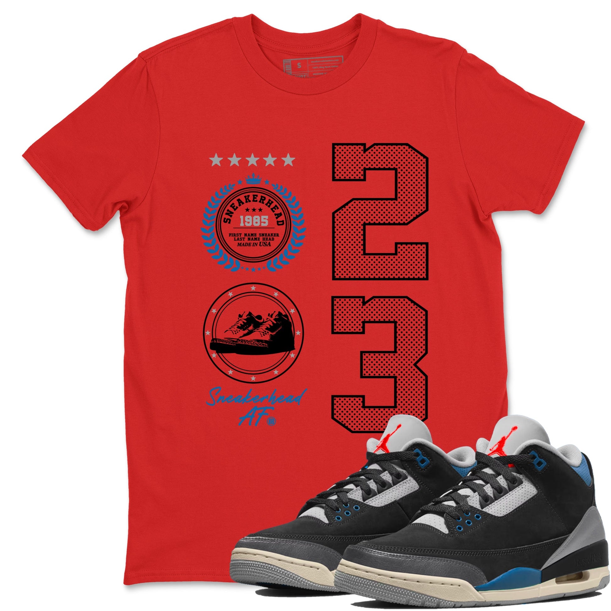 Sneaker Emblem sneaker match t-shirt styled to complete your fit with the Air Jordan 3 Rare Air sneakers, shown in Red 1.